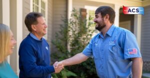 HVAC repairman shaking hands with homeowner